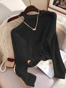 Franclia Áo thun tay dài dáng ôm, màu trơn, dáng ôm, vai chéo, dáng rộng cỡ lớn dành cho nữ, áo dệt kim gân - màu đen - Xem 1