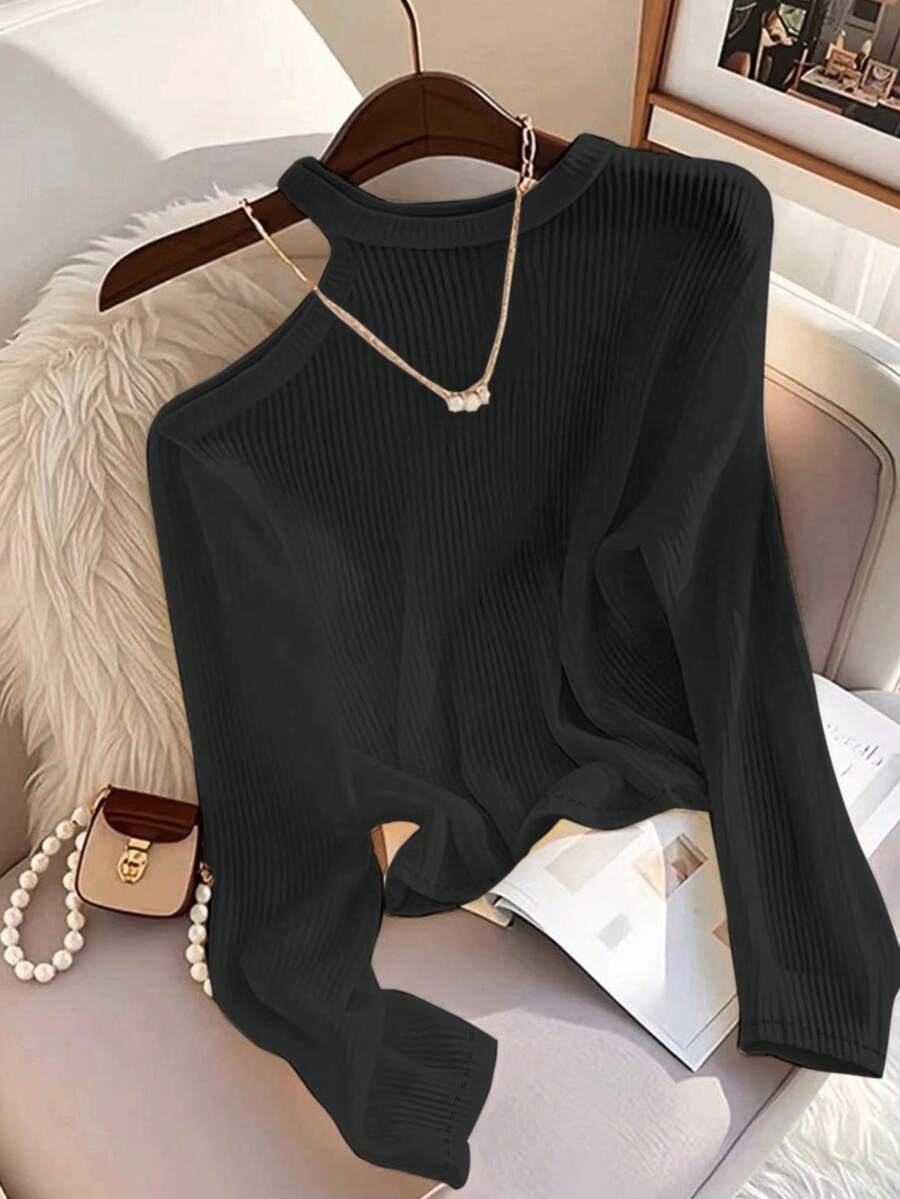 Franclia Áo thun tay dài dáng ôm, màu trơn, dáng ôm, vai chéo, dáng rộng cỡ lớn dành cho nữ, áo dệt kim gân - màu đen - Xem 1