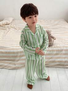 DAZY 2pcs Baby Boys' Striped Shirt Casual Comfortable Top And Striped Casual Pants Pajama Set Spring Toddler - Mint Green - View 3