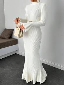 RueChic Women's Cute Ruffle Detailed Hem Cuff And Neck Long Sleeve Ribbed Knit Pattern Long Maxi Dress Winter Chic Knitwear Dress - White - View 4