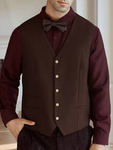 Manfinity Bizformal 男士纯色V领单排扣休闲商务通勤背心 - 棕色 - 查看 2