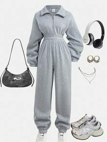SHEIN Girlism Teen Girls Thermal Lined Half-Open Lapel Zip-Up Sweatshirt High Waisted Thermal Lined Pants Jumpsuit,Suitable For Autumn And Winter, Leisure - Grey - View 1