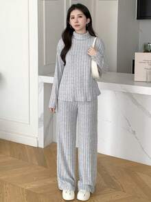 SHEIN 青少年女孩针织坑条高领落肩T恤和裤子，适合秋冬季居家休闲通勤外出 - 灰色 - 查看 4