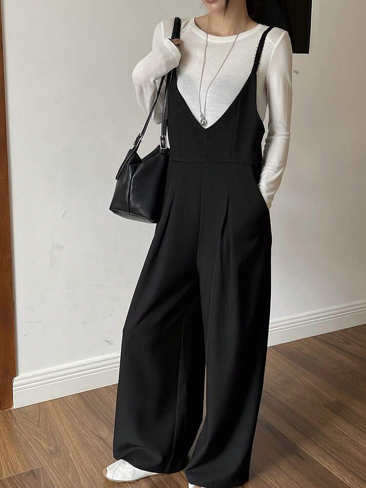 Women's Loose Solid Color Backless Elegant Casual Wide Leg Jumpsuit, Autumn/Winter Lounge Sets For Women
