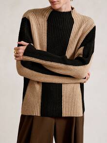 SHEIN Stylify 休闲优雅通勤条纹羊毛混纺高领长袖针织套头衫，秋冬 - 彩色 - 查看 3