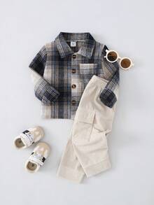 男婴休闲格子外套和卡其裤两件套，冬季格子套装，冬季不搭配套装，男婴服装，男婴格子套装，男婴格子套装，男婴纽扣套装 - 藍色 - 查看 1