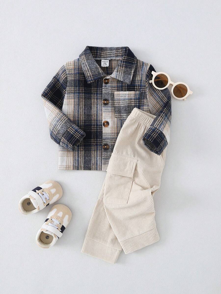 男婴休闲格子外套和卡其裤两件套，冬季格子套装，冬季不搭配套装，男婴服装，男婴格子套装，男婴格子套装，男婴纽扣套装 - 藍色 - 查看 1