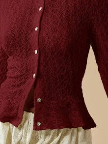 MISSGUIDED Cárdigan de punto calado burdeos con volante en el bajo, manga larga con botones, suéter de capas para otoño e invierno, Navidad - Burdeos - Ver 5