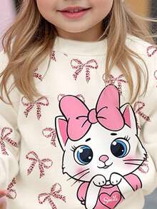 SHEIN 2 件套女婴休闲宽松厚实柔软圆领长袖卫衣和打底裤套装，奶油白和奶油黑，可爱卡通猫咪，豹纹蝴蝶结印花，适合秋冬季 - 彩色 - 查看 6