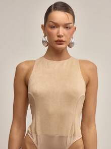 MUSERA Suede Racer Back Thong Back Bodysuit Elegant Autumn Fall  Night Out Work Cute Sexy Spring Summer - Beige - View 2