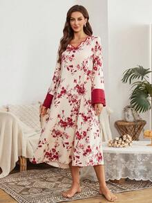 Serenescape Damen Urlaubs-Lässig Farbblock Blume Muster Langarm Nachthemd mit Rüschensaum und Bommel Dekor, geeignet für Frühlings-/Herbstferien