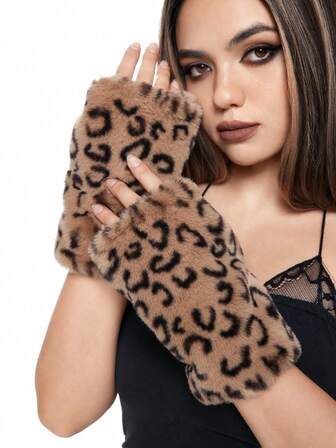 Grunge Punk 1 Pair Punk Style Leopard Print Gloves, Y2K Fuzzy Warm Gloves