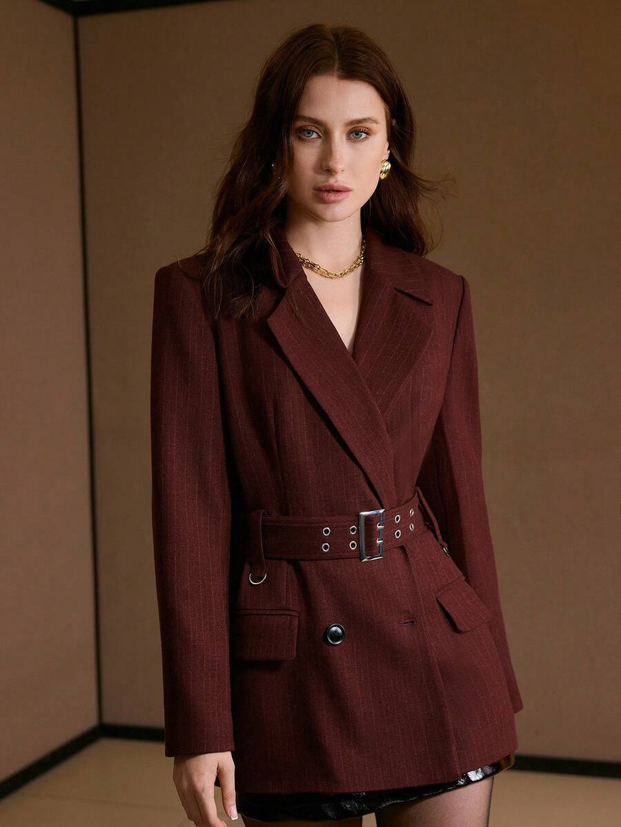 MOTF PREMIUM Áo khoác blazer họa tiết sọc cổ bẻ cài hai hàng khuy, có khóa cài, thắt lưng, thu đông - Màu Đỏ Sâu - Xem 2