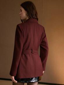 MOTF PREMIUM Áo khoác blazer họa tiết sọc cổ bẻ cài hai hàng khuy, có khóa cài, thắt lưng, thu đông - Màu Đỏ Sâu - Xem 6