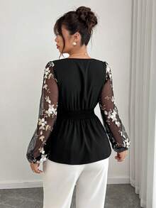Cravure Blouse élégante pour femmes grandes tailles, col asymétrique, taille cintrée, coupe évasée, patchwork en tissu brodé et maille, automne/hiver - Noir - Voir 2