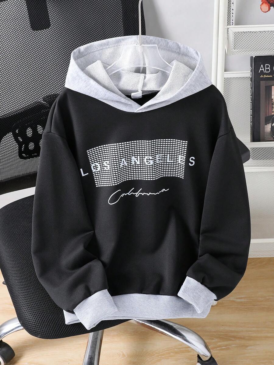 Tween Boys' Minimalist Stylish Loose Contrast Color Thick Fleece Sweatshirt - Black - View 1