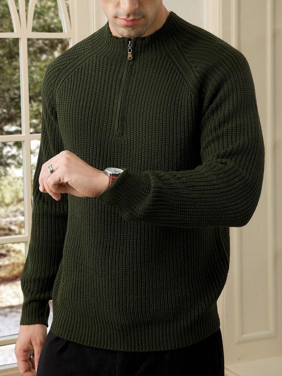 Manfinity Bizformal Herren einfarbiger Raglan-Ärmel Reißverschluss Lässig Pullover, Herbst/Winter - Dunkelgrün - Übersicht 1