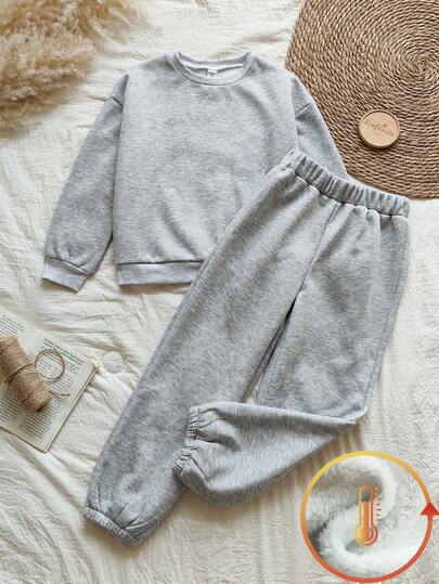 Vintaside Kids 少女两件套，包括一件时尚、简约、休闲、优雅的运动学院风花卉灰色圆领长袖露肩保暖内衬卫衣和一条锥形长裤。