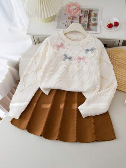 Tween Girl 2 Pieces Knit Set, Cute 3D Bow Sweater With Pleated Skirt, Adorable & Elegant, Winter Cute School Clothes Teens Skirts Sets Demim Girl Clothes Autumn And Winter Clothes Girl Clothes Skirt Set Cute Light Brown Sweater For Girls 11 Years Old Skirt Two Piece Set For Kids Girls Autumn Winter Clothes Skirt Set For Girls Girls Spring French Style Dress Girl Clothes Skirt Set Tween Pleated Skirt Set Teen Girl Skirt Sets Teen Girl Dresses Long Sleeve Tween Matching Set Knit Skirt Two Piece Set Skirt Two Piece Set Girls Skirt Two Piece Set For Kids Tween Pleated Skirt Set Girl Clothes Autumn And Winter Clothes Teens Skirts Sets Girl Clothes Skirt Set