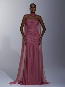 Elitara Elegant Light Purple Shiny Flowing Mesh Ruched Decor High Waist Slimming Mermaid Tail Backless Adjustable Tie Dress (Halter Flounce, Versatile) Formal Evening Gown - Dusty Purple - View 2