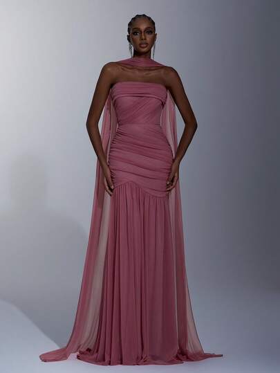 Elitara Elegant Light Purple Shiny Flowing Mesh Ruched Decor High Waist Slimming Mermaid Tail Backless Adjustable Tie Dress (Halter Flounce, Versatile) Formal Evening Gown