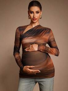 MaterniChic 扎染印花不对称领口长袖修身孕妇T恤 - 彩色 - 查看 6