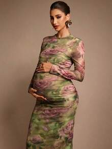 MaterniChic Maternity Floral Print Round Neck Long Sleeve Ruched Fitted Elegant Dress Luxury Evening Dress  Chic Evening Dress  Elegant  Baby Shower Dress Pregnancy Photoshoot Dress Sexy Maternity Dress Pregnant Clothes Pregnant Dress Rose Print Dress - Multicolor - View 5
