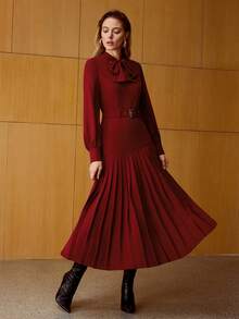 MOTF PREMIUM WOMEN'S ELEGANT PLEATED MID-LENGTH DRESS FOR COMMUTING - Red - View 7