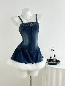 Elamini 女式撞色毛绒拼接牛仔吊带裙 - 藍色 - 查看 1