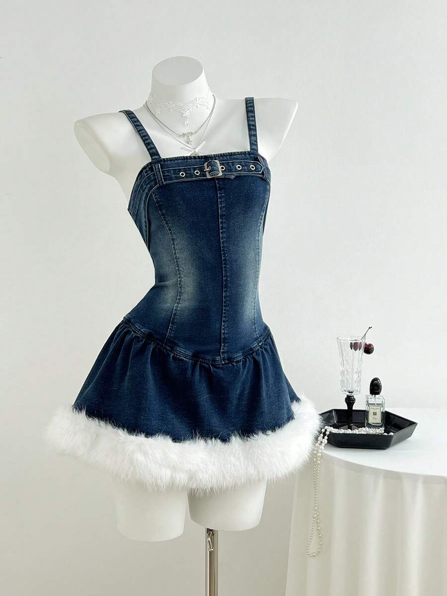 Elamini 女式撞色毛绒拼接牛仔吊带裙 - 藍色 - 查看 1