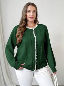 SHEIN Clasi 大码女式纯色蕾丝宽松休闲开衫，秋冬 - 墨綠色 - 查看 7