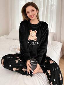 Softscene 女士毛绒熊刺绣印花长袖上衣和裤子蓬松舒适睡衣套装，秋冬款 - 黑色 - 查看 4