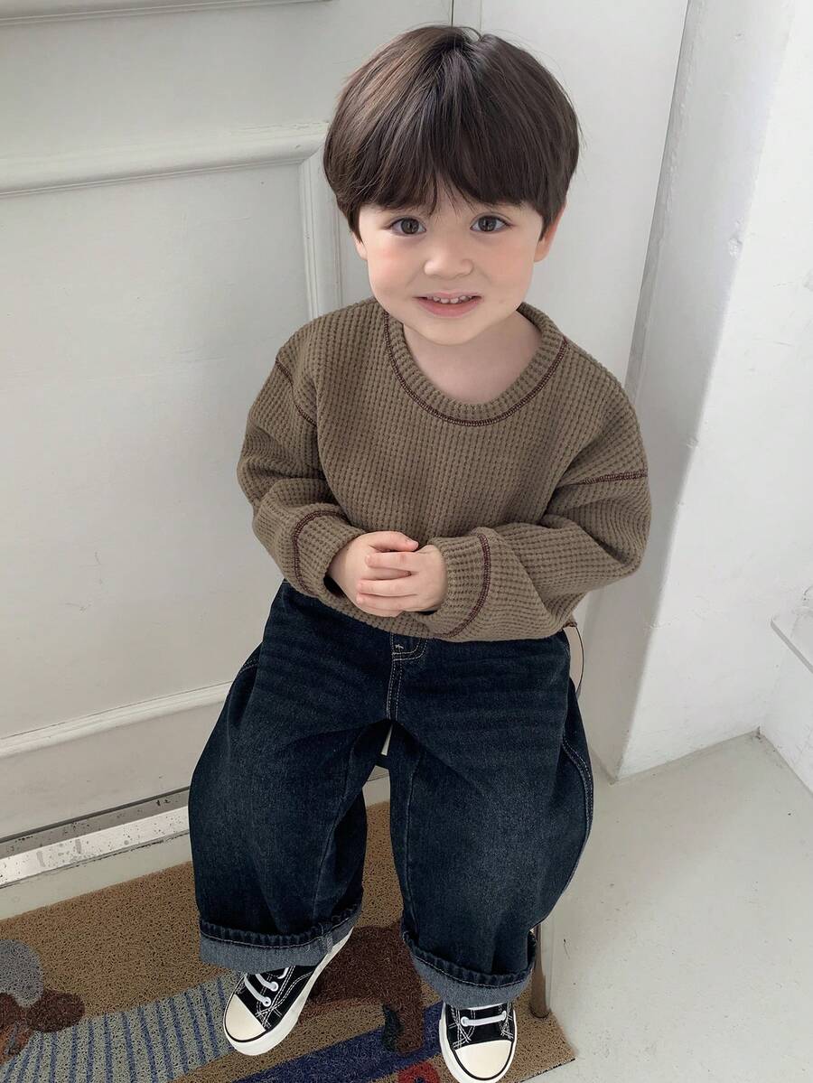 DAZY 男婴休闲百搭撞色缝线卫衣，秋冬 - 咖啡棕 - 查看 1