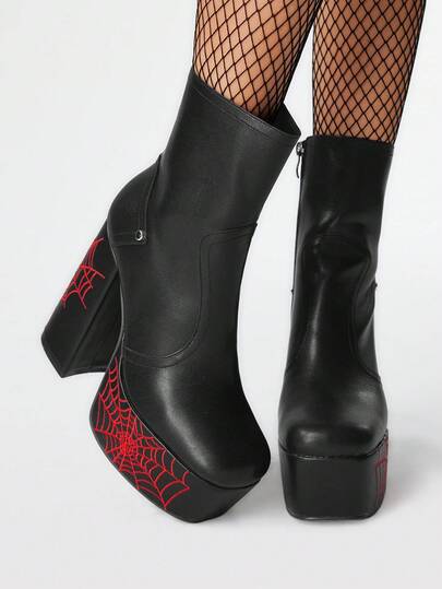 Grunge Punk Botas de tobillo con plataforma y tacón grueso, impermeables y de moda para exteriores para mujeres. Con bordado de telaraña roja, material de PU negro, cómodas para fiestas y banquetes, con cremallera lateral, ideal para Halloween