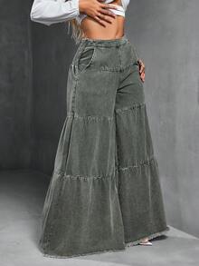 SHEIN SXY 女式宽松男友风破洞下摆拼布牛仔裤 - 軍綠色 - 查看 9