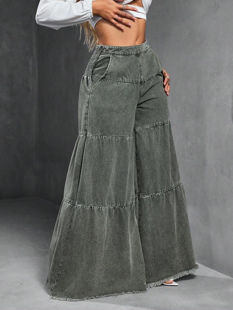 SHEIN SXY Women's Loose Boyfriend Style Distressed Hem Patchwork Denim Jeans - Army Green - View 8