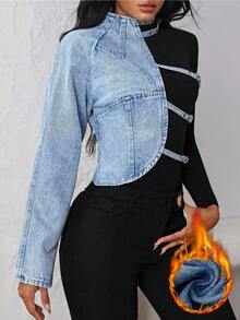 Jeanoix 女士性感镂空水洗修身牛仔夹克，秋季 - 淺色水洗藍 - 查看 5