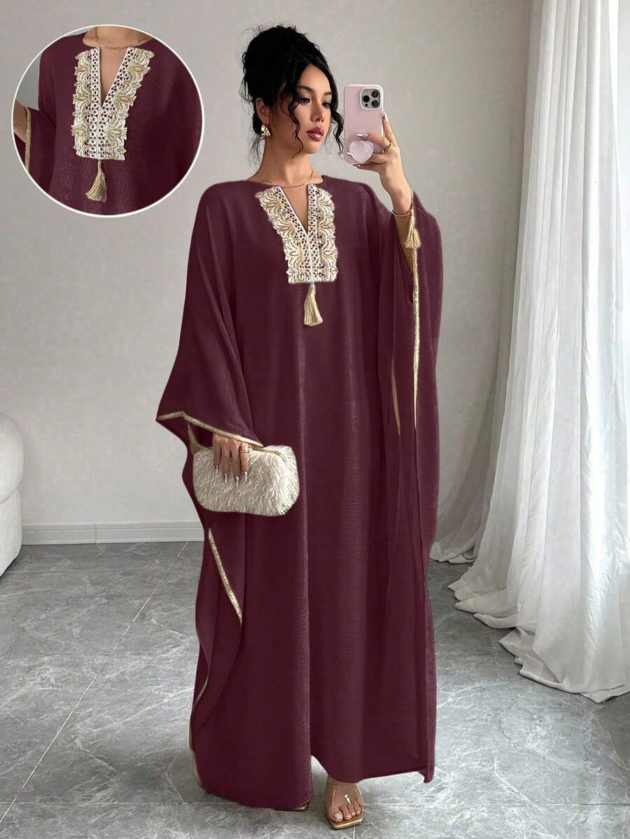 Rafferiza Women's V-Neck Fringe Design Batwing Sleeve Loose Elegant Dress - Burgundy - View 1