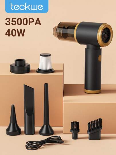 Teckwe مجموعة مكنسة كهربائية لاسلكية محمولة للسيارة، تشمل المكنسة الكهربائية و7 ملحقات، فوهات متعددة للسيارة والمنزل والمكتب والحيوانات الأليفة، شفط قوي ووظائف حماية، مع نافخ هواء