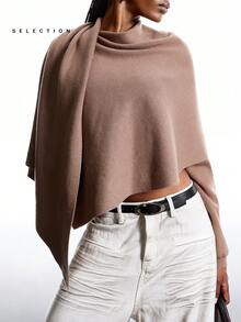 LYSMO 女式纯色不对称下摆宽松斗篷毛衣，秋冬 - 駝色 - 查看 4