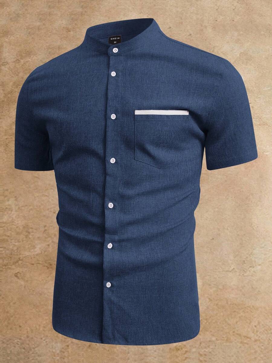 HIMLAND Men Pocket Patched Button Up Shirt - Navy Blue - View 1