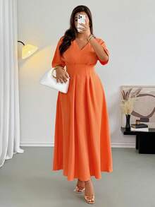 Firerie 加大码 V 领高腰褶皱拉链喇叭形 A 字中长连衣裙，优雅休闲通勤风格，适合春夏度假 - 亮橙色 - 查看 3