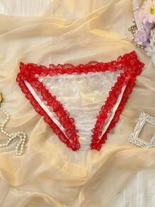 DelicateAllure 圣诞爱心网纱荷叶边蕾丝撞色薄纱浪漫甜美可爱娃娃衫内裤（女士款） - 白色 - 查看 6