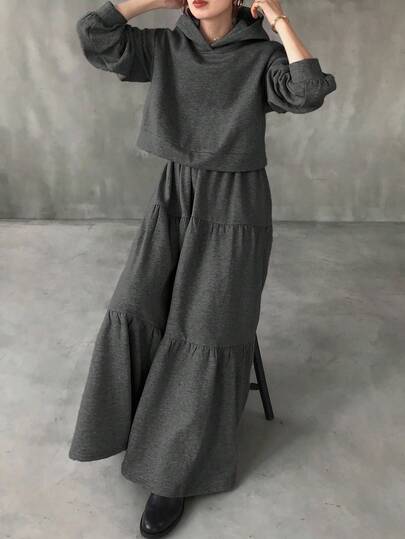 FRIFUL Women's Floral Gray Hoodie Top & Pleated Maxi Skirt Two Pieces Set, Casual Loose Matching Outfit For Autumn
