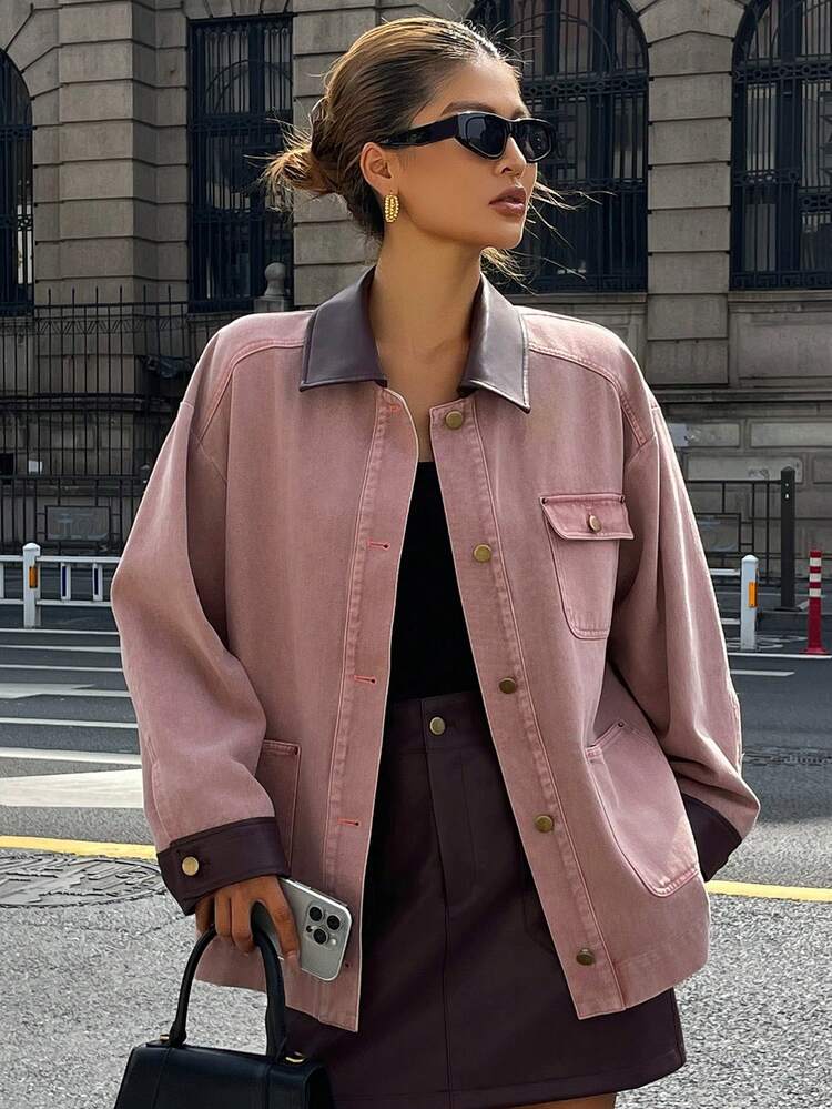 Women's Casual Street Style Patchwork Color Block Loose Pocket Jacket, Long Sleeve, Straight Fit + PU Mini Skirt Denim 2-Piece Set, Autumn/Winter