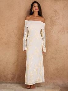 Opulessa 女士度假针织纹理面料露肩鱼尾下摆修身连衣裙 - 杏色 - 查看 7