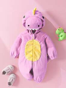 SHEIN Newborn Cute Funny Crystal Plush 3D Dinosaur Shaped Romper With Long Sleeve And Pants - Mauve Purple - View 2