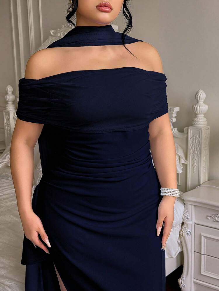 Roveilla Vestido largo de fiesta elegante y ajustado con hombros descubiertos y abertura para mujer de talla grande, ideal para fiestas navideñas y ocasiones formales. Disponible en azul marino. - Azul Marino - Añade 7