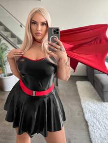 Fantasy Costume 三件套不对称下摆披风超级英雄服装，PU皮革，撞色设计，修身显瘦，适合化装舞会、酒吧派对、夜店装扮，大码内衣，圣诞节 - 黑色 - 查看 6