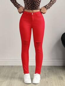 SHEIN Tall Women's Casual Slim Fit Distressed Skinny Jeans, Tall Women - Red - View 1
